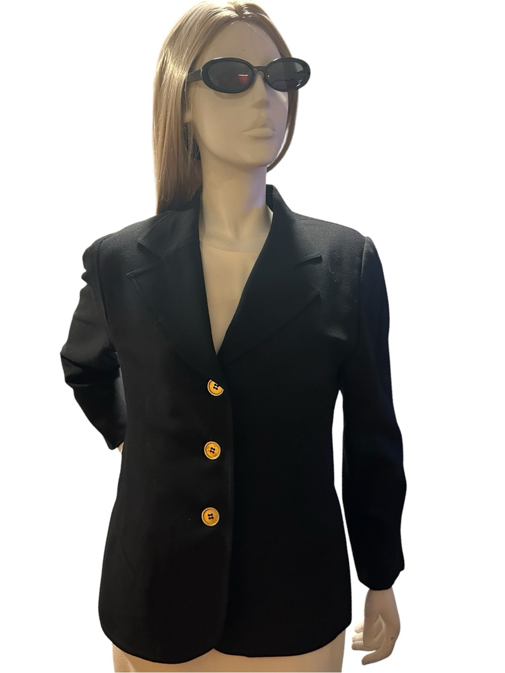 Vintage Christian Dior Black Wool Blazer Gold Buttons Power Dressing Size 14